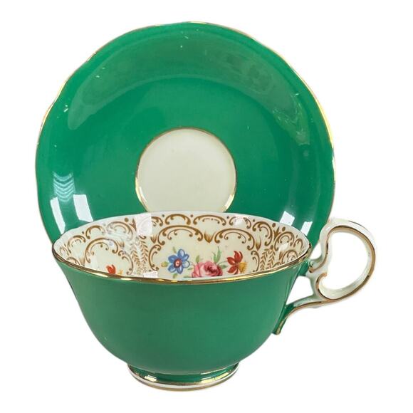 Vintage AYNSLEY Tea Cup & Saucer Set Bone China Vibrant Green Floral Bouquet - Picture 1 of 10